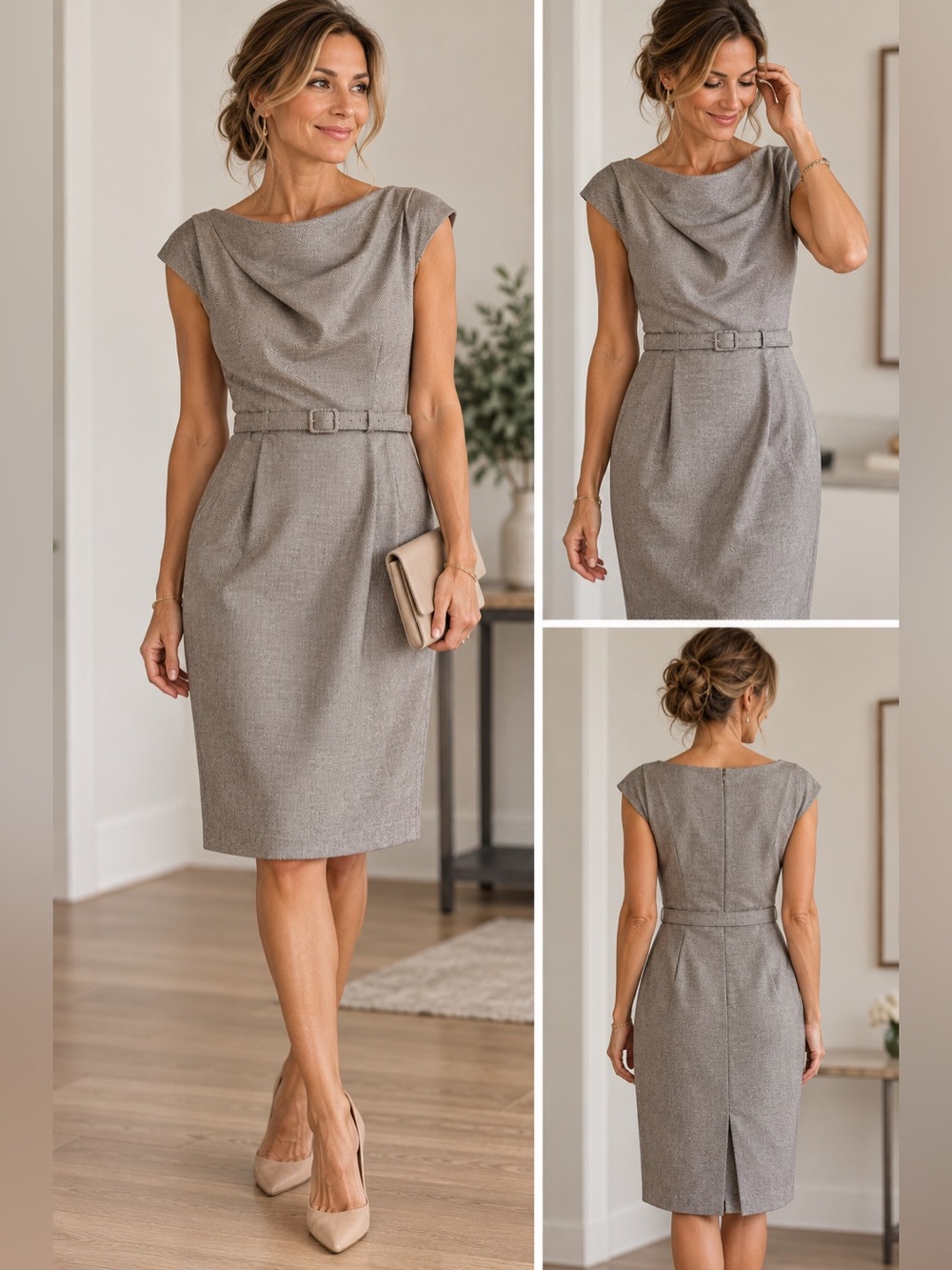 Banana Republic Belted Cowl Neck Houndstooth Sheath Dress Gray Combo 10